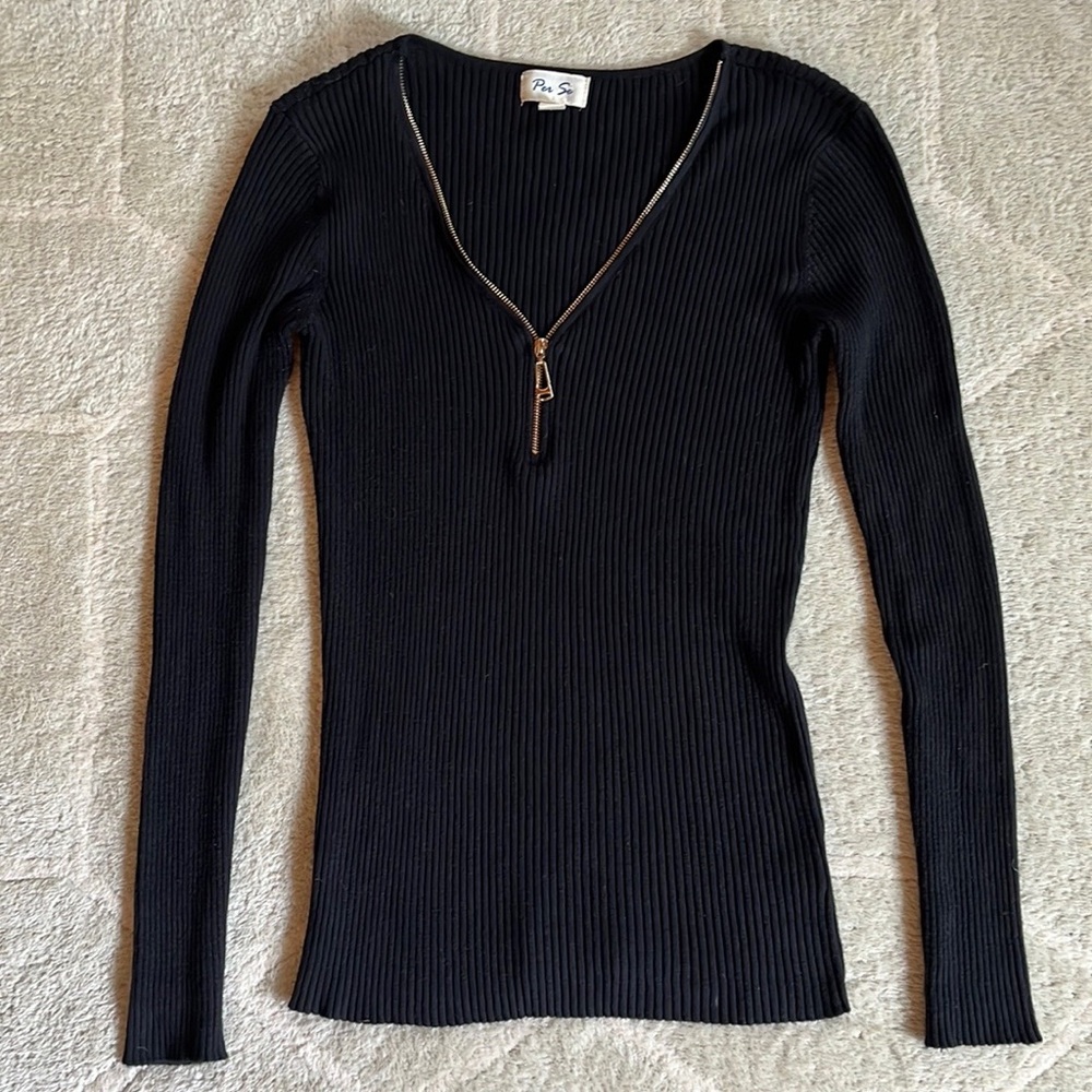 Per Se Ribbed Zipper Long Sleeve